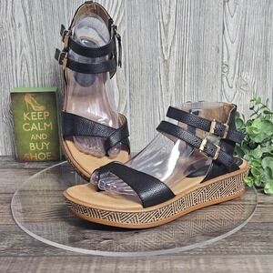 Lucca Lane Ladie Black Leather Platform‎ Sandals Ankle Strap Size 9M
